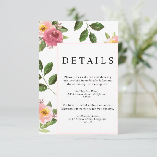 Blush Pink Floral Waterverf Wedding Informatiekaartje (Staand voorkant)
