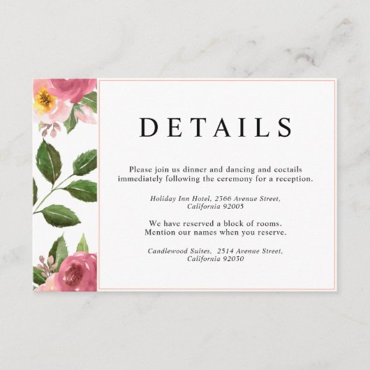 Blush Pink Floral Waterverf Wedding Informatiekaartje (Voorkant)