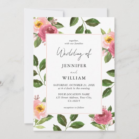 Blush Pink Floral Waterverf Wedding Kaart (Voorkant)