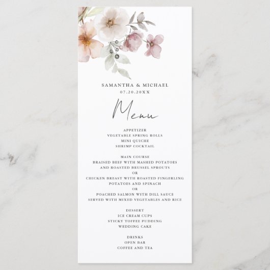 Blush Pink Floral Waterverf Wedding Menu (Voorkant)