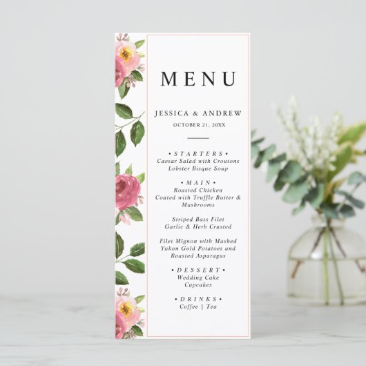 Blush Pink Floral Waterverf Wedding Menu (Staand voorkant)