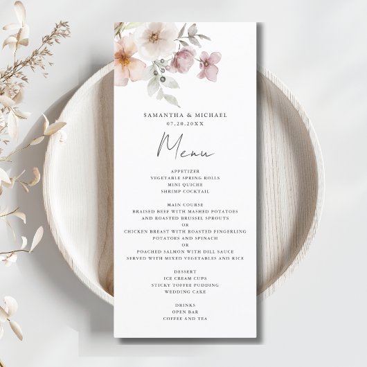 Blush Pink Floral Waterverf Wedding Menu