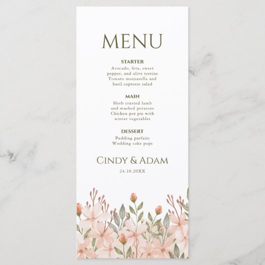 Blush Pink Floral Waterverf Wedding Menu (Voorkant)