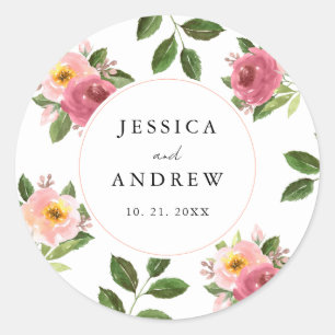 Blush Pink Floral Waterverf Wedding Ronde Sticker