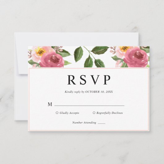 Blush Pink Floral Waterverf Wedding RSVP Kaartje (Voorkant)