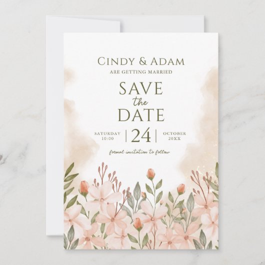 Blush Pink Floral Waterverf Wedding Save The Date (Voorkant)