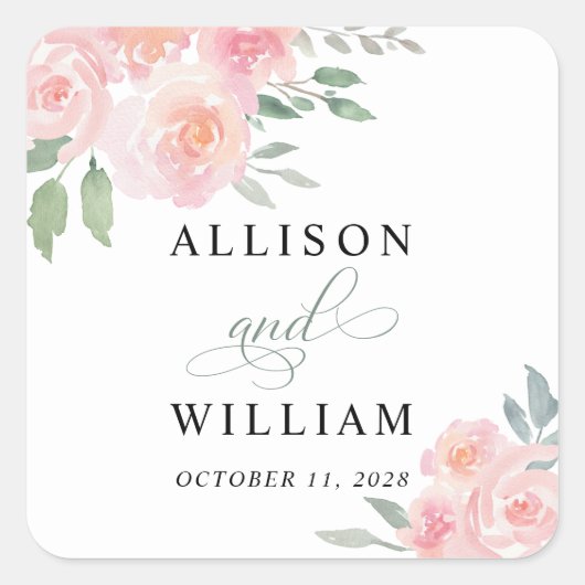 Blush Pink Floral Waterverf Wedding Vierkante Sticker (Voorkant)