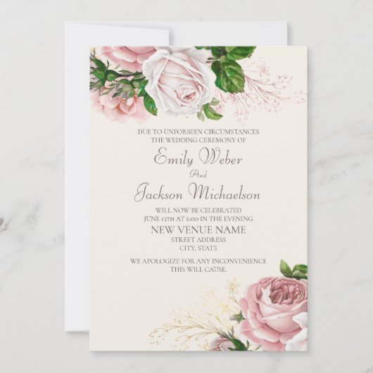Blush Pink  Floral Wedde Venue Change Kaart (Voorkant)