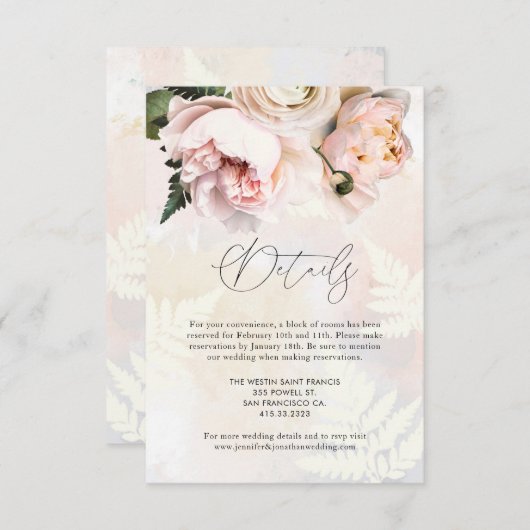 Blush Pink Floral Weddenschap Details Enclosure Ca Informatiekaartje (Voorkant / Achterkant)