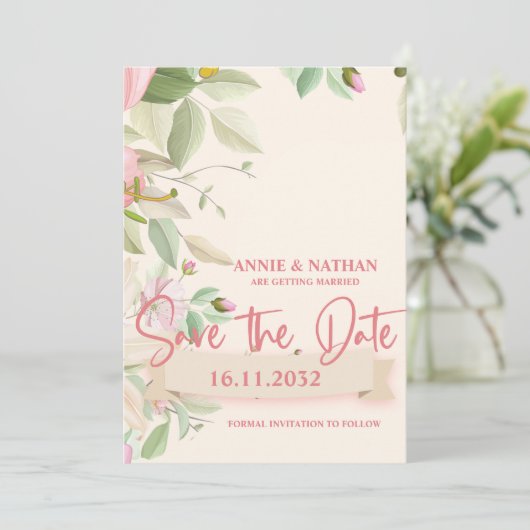 Blush Pink Floral Weddenschap Opslaan Datum Save The Date (Staand voorkant)