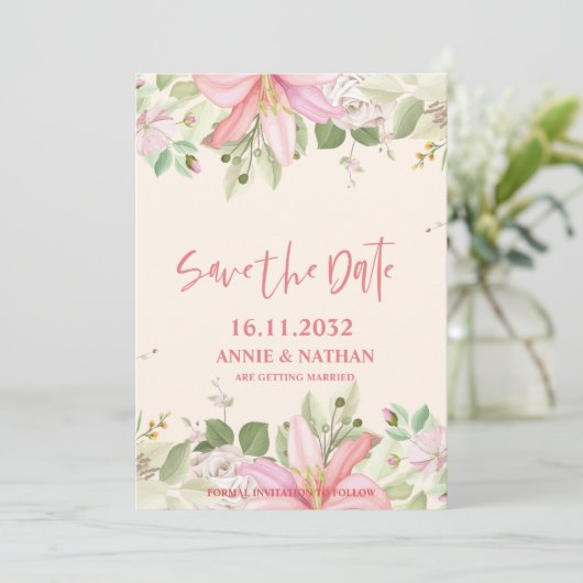 Blush Pink Floral Weddenschap Opslaan Datum Save The Date (Staand voorkant)