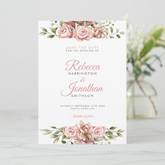Blush Pink Floral Weddenschap Save the Date Kaart (Staand voorkant)