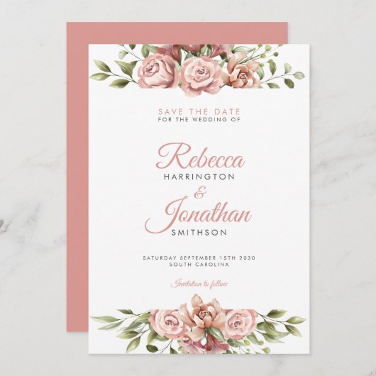 Blush Pink Floral Weddenschap Save the Date Kaart (Voorkant / Achterkant)