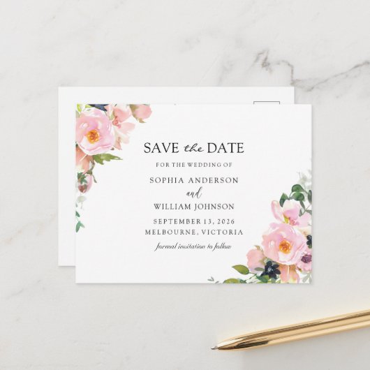 Blush Pink Floral Weddenschap van de marine sparen Aankondigingskaart (Voorkant / Achterkant in situ)