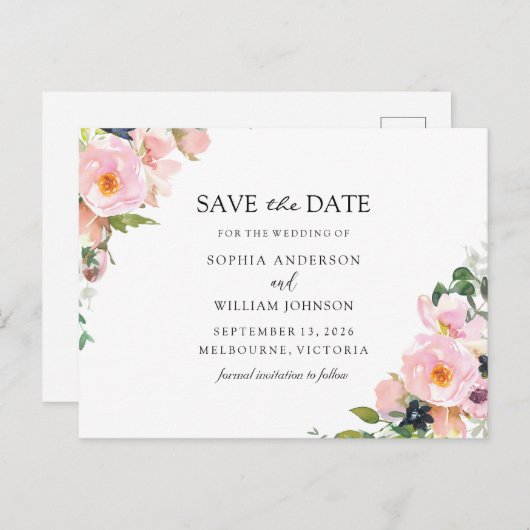 Blush Pink Floral Weddenschap van de marine sparen Aankondigingskaart (Voorkant / Achterkant)