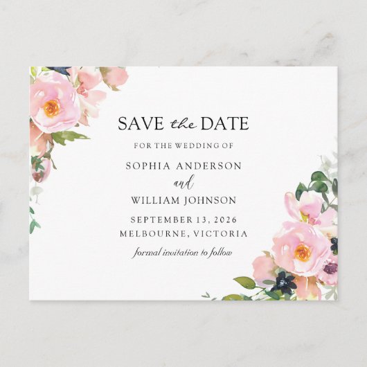 Blush Pink Floral Weddenschap van de marine sparen Aankondigingskaart (Voorkant)