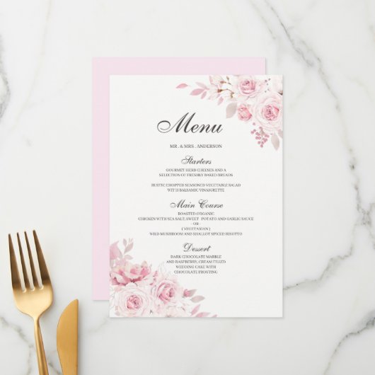 Blush Pink Floral Weddenschap Verloving Dinner Men Menu (Voorkant / Achterkant in situ)