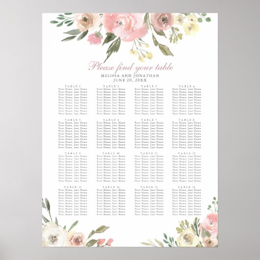Blush Pink Floral Wedding 16 Table Seating Chart Poster (Voorkant)