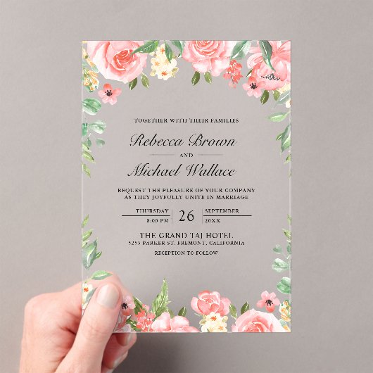 Blush Pink Floral Wedding Acryl Uitnodigingen (Insitu (Draagbaar))