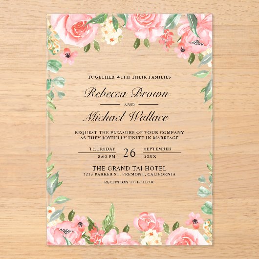 Blush Pink Floral Wedding Acryl Uitnodigingen (Voorkant)