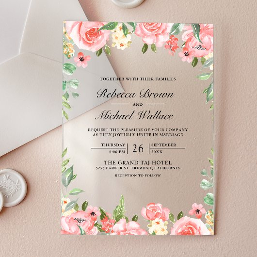 Blush Pink Floral Wedding Acryl Uitnodigingen