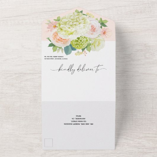 Blush Pink Floral Wedding All In One Uitnodiging (Buitenkant)