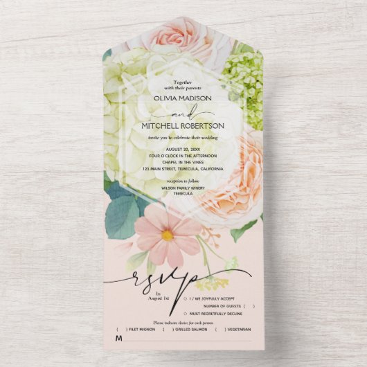 Blush Pink Floral Wedding All In One Uitnodiging (Binnen)