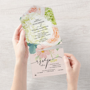 Blush Pink Floral Wedding All In One Uitnodiging