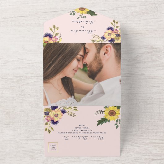 Blush Pink Floral Wedding All In One Uitnodiging (Buitenkant)