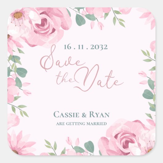  Blush Pink Floral Wedding Bewaar de datum Vierkante Sticker (Voorkant)