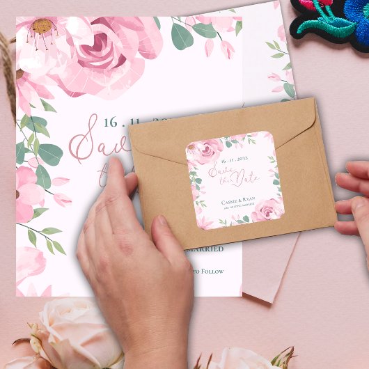 Blush Pink Floral Wedding Bewaar de datum Vierkante Sticker