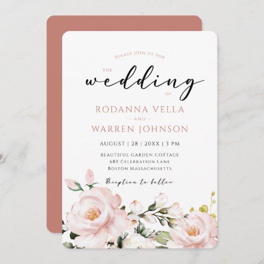 Blush Pink Floral Wedding Kaart (Voorkant / Achterkant)