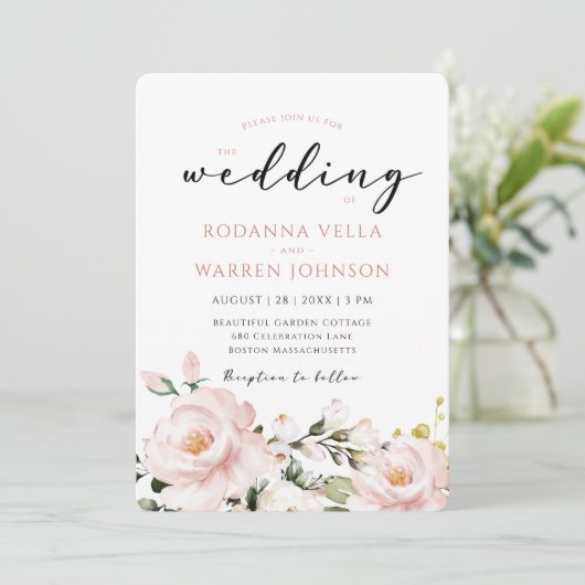 Blush Pink Floral Wedding Kaart (Staand voorkant)