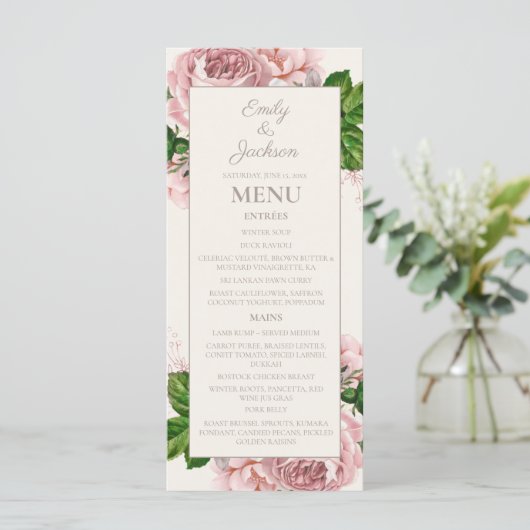 Blush Pink Floral Wedding Menu (Staand voorkant)