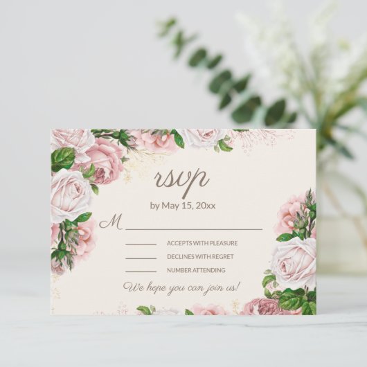 Blush Pink Floral Wedding RSVP Calligrafie Script (Staand voorkant)