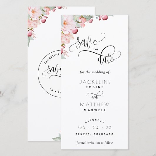 Blush Pink Floral Wedding Save the Date Bladwijzer (Voorkant / Achterkant)