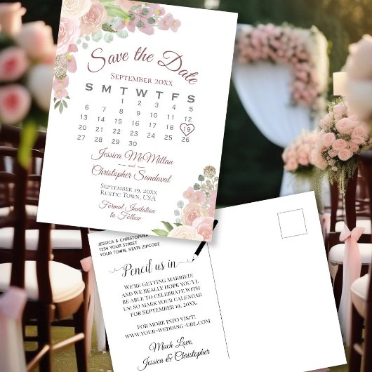 Blush Pink Floral Wedding Save the Date Calendar Aankondigingskaart