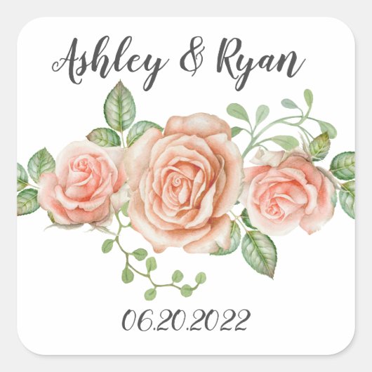 Blush Pink Floral Wedding Square Sticker (Voorkant)