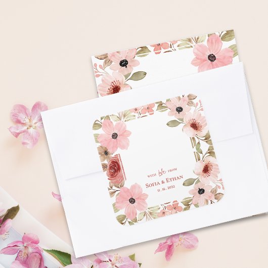 Blush Pink Floral Wedding Thank You Favor Vierkante Sticker