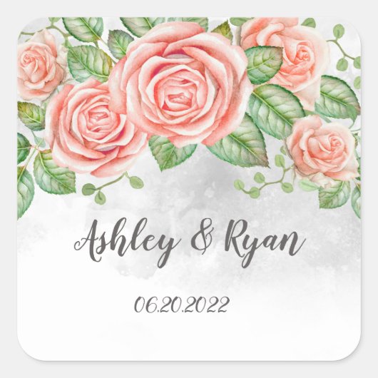 Blush Pink Floral Wedding Vierkante Sticker (Voorkant)