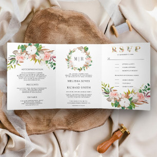 Blush Pink Floral White Magnolia Cotton Weddenscha Drieluik Uitnodiging