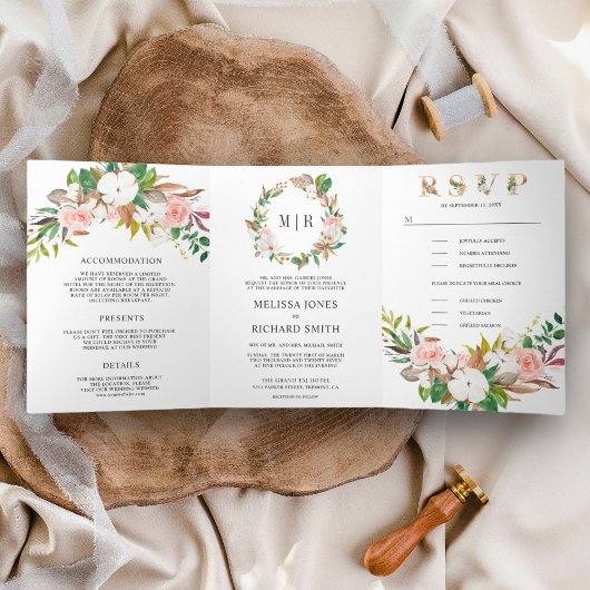 Blush Pink Floral White Magnolia Cotton Weddenscha Drieluik Uitnodiging