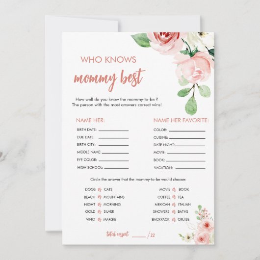 Blush Pink Floral Wie kent mama Beste Spel Kaart (Voorkant)