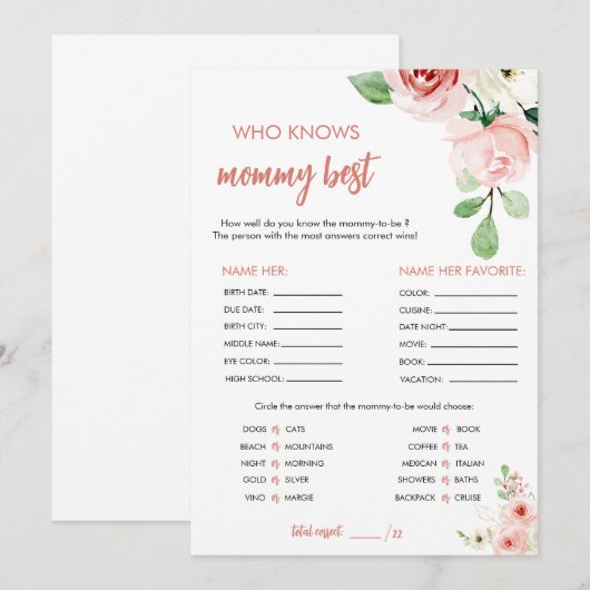 Blush Pink Floral Wie kent mama Beste Spel Kaart (Voorkant / Achterkant)