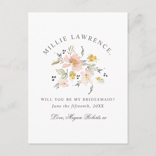 Blush Pink Floral Wil je mijn bruidsmeisje foto Uitnodiging Briefkaart (Voorkant)