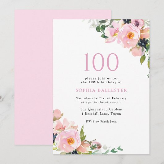 Blush Pink Floral Womans 100th Birthday Party Kaart (Voorkant / Achterkant)