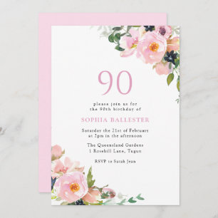 Blush Pink Floral Womans 90th Birthday Party Kaart