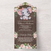 Blush Pink Floral Wood Cute Elephant Baby shower All In One Uitnodiging (Binnen)