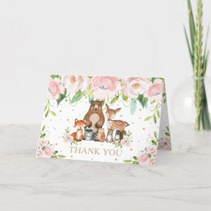 Blush Pink Floral Woodland Animals Baby shower Bedankkaart