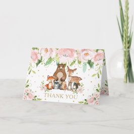 Blush Pink Floral Woodland Animals Baby shower Bedankkaart